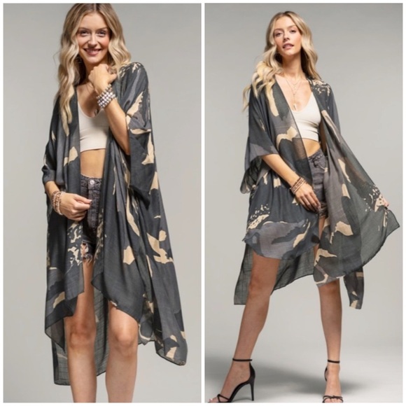 Tops - Charcoal Long Floral Sweeping Summer Vacation Casual Coverup Kimono Wrap Top